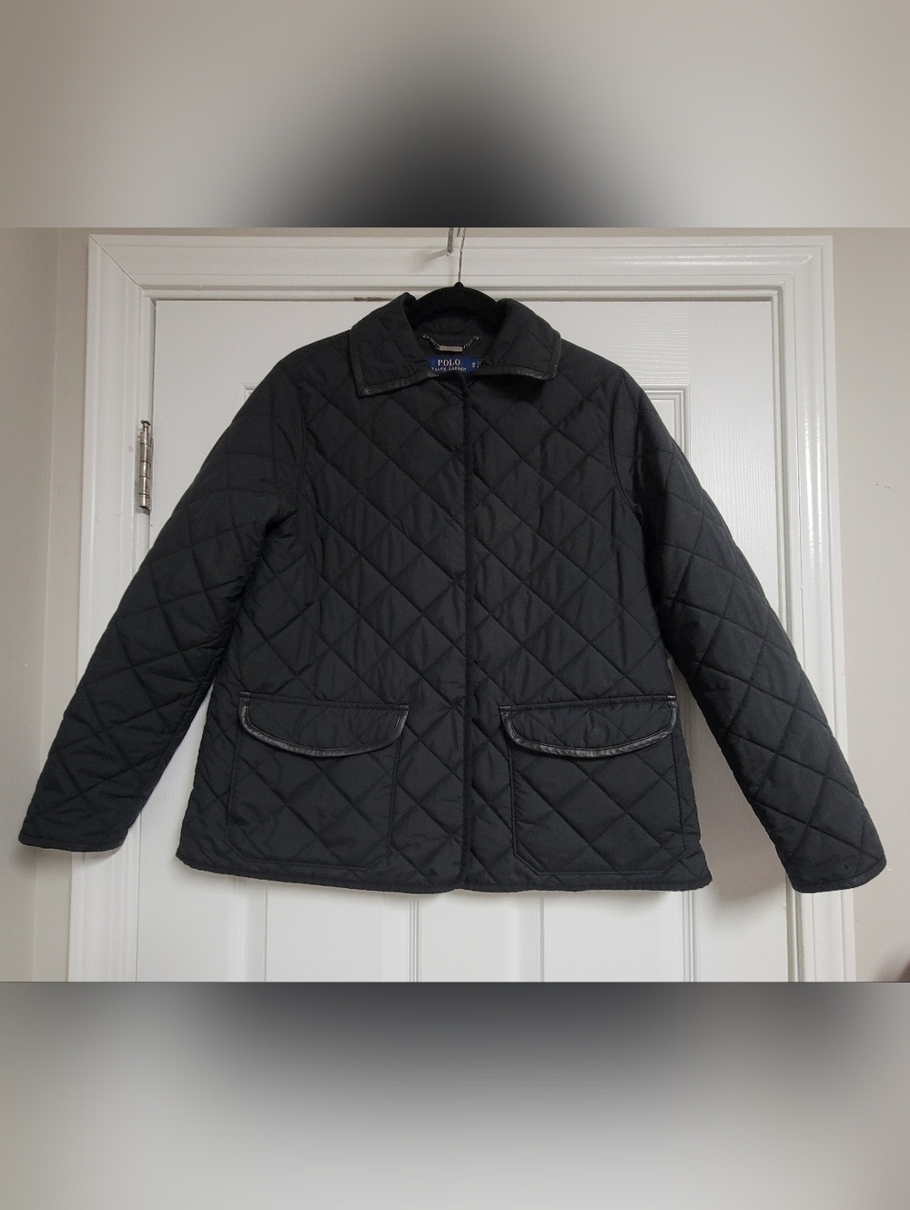 Polo Ralph Lauren Women's Black Quilted Snap Botton Leather Trim Jackwt Size XS.